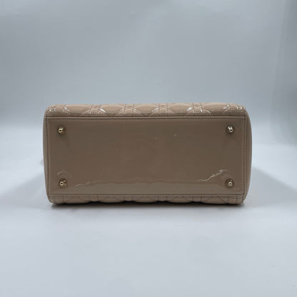 Christian Dior Medium Lady Dior Bag In Beige Patent Leather With Cannage Stitching