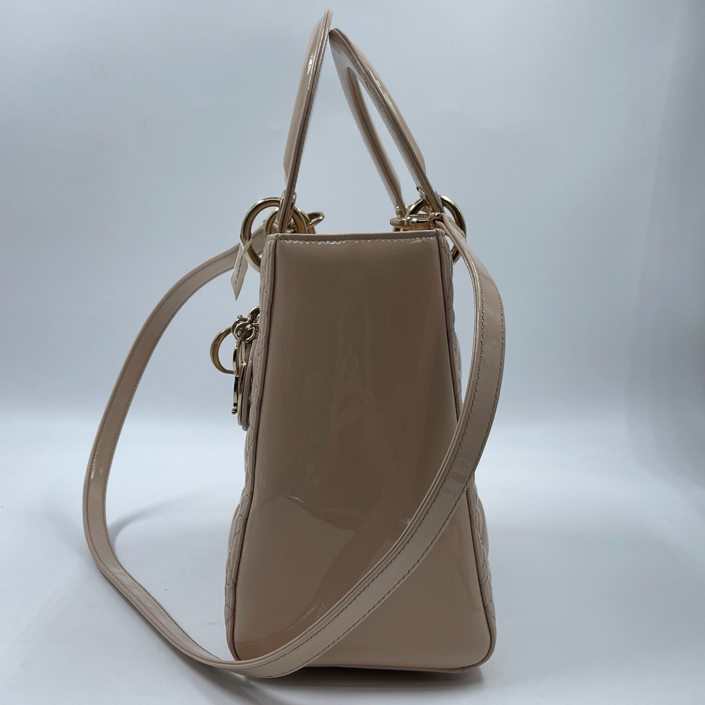 Christian Dior Medium Lady Dior Bag In Beige Patent Leather With Cannage Stitching