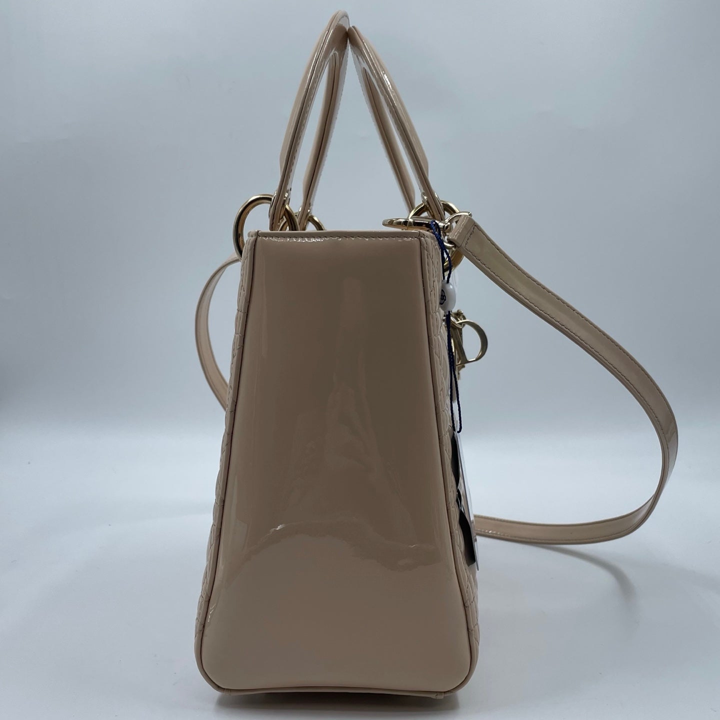 Christian Dior Medium Lady Dior Bag In Beige Patent Leather With Cannage Stitching