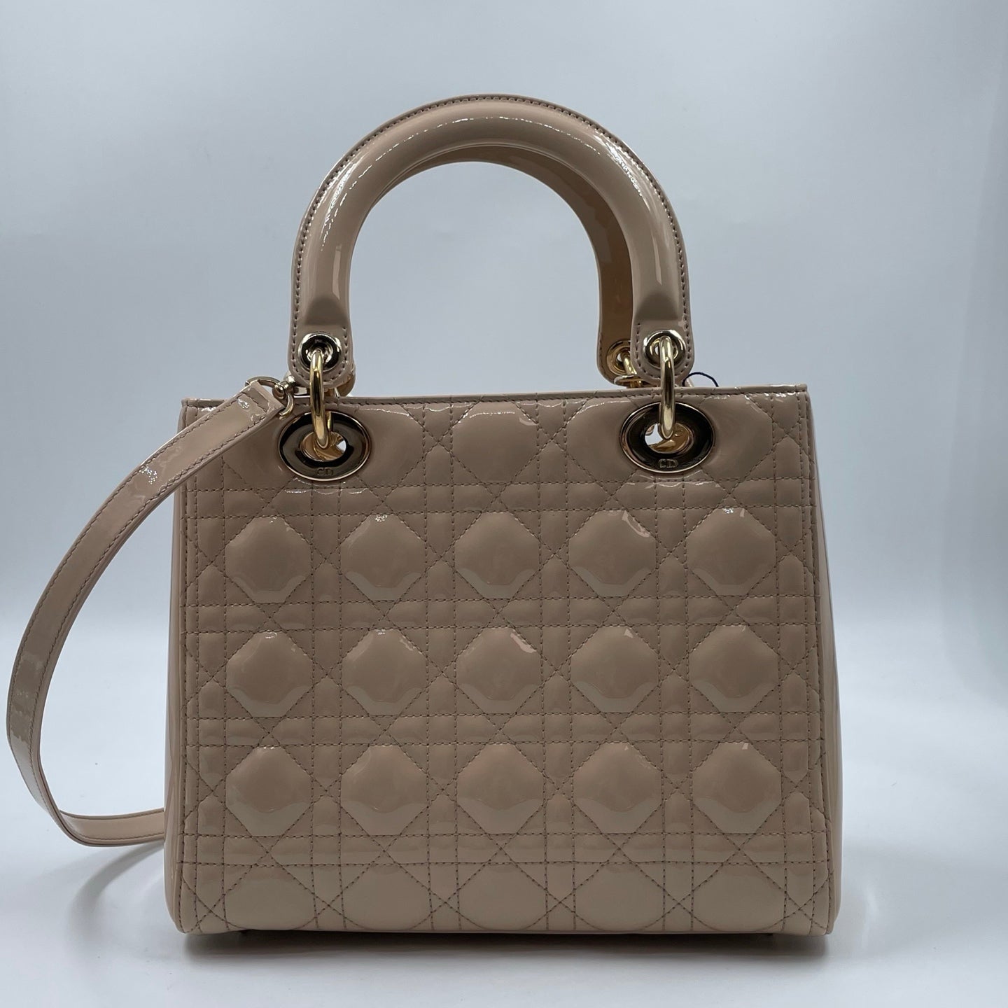 Christian Dior Medium Lady Dior Bag In Beige Patent Leather With Cannage Stitching