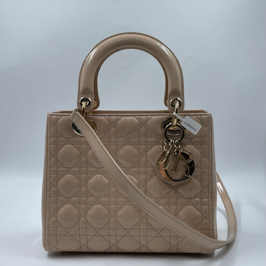 Christian Dior Medium Lady Dior Bag In Beige Patent Leather With Cannage Stitching