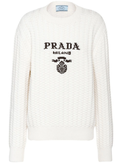 Prada White Intarsia Logo Knit Sweater