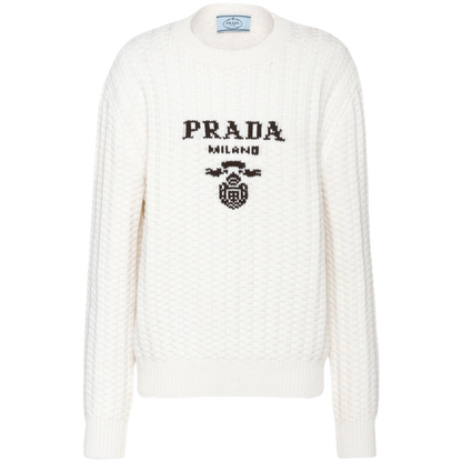 Prada White Intarsia Logo Knit Sweater