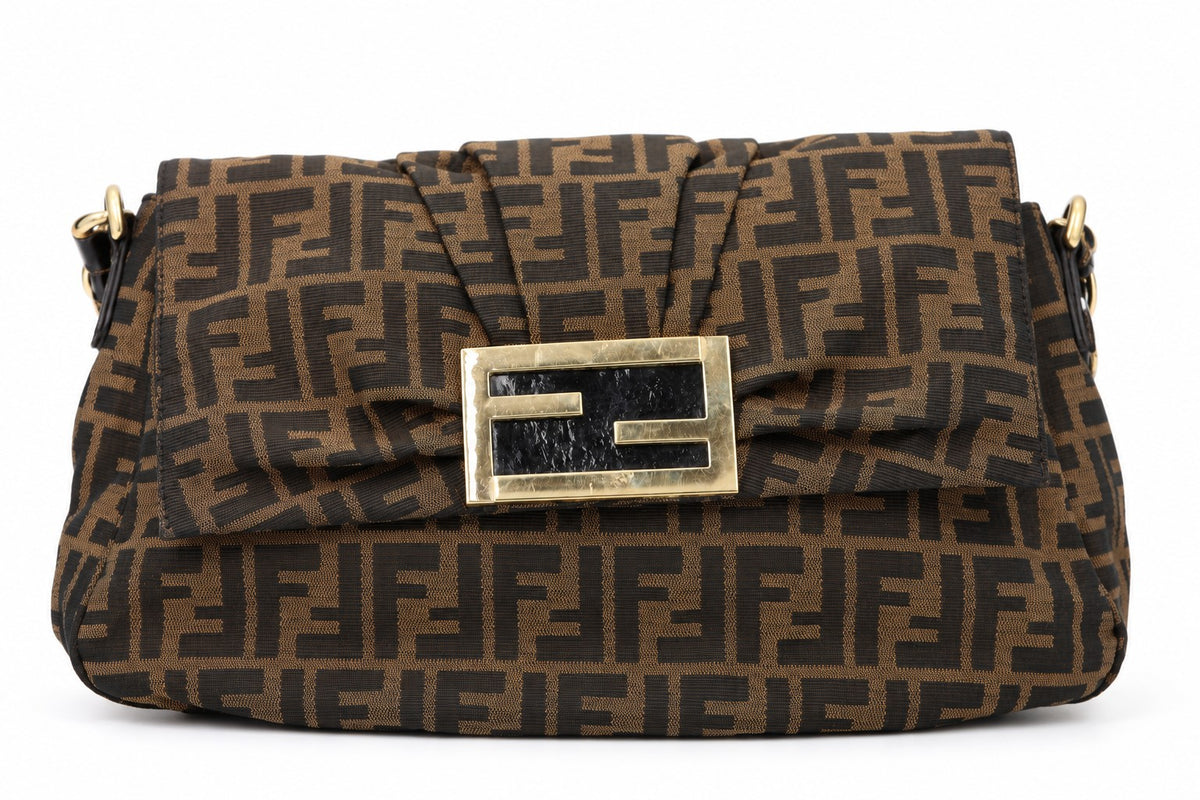 Fendi Tobacco Zucca Canvas and Patent Leather Mia Flap Shoulder Bag