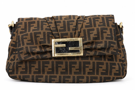 Fendi Tobacco Zucca Canvas and Patent Leather Mia Flap Shoulder Bag