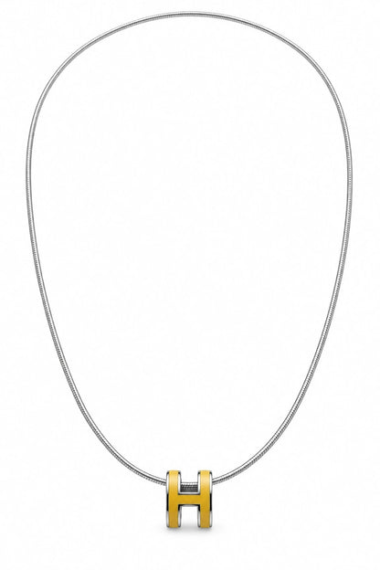 Hermès H Pendant Necklace, Silver-Tone Chain with Gold-Tone H Pendant