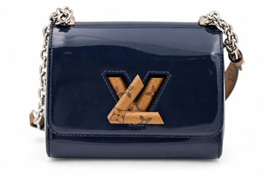 Louis Vuitton Navy Blue Vernis Leather Twist PM Reverse Monogram Canvas Flap