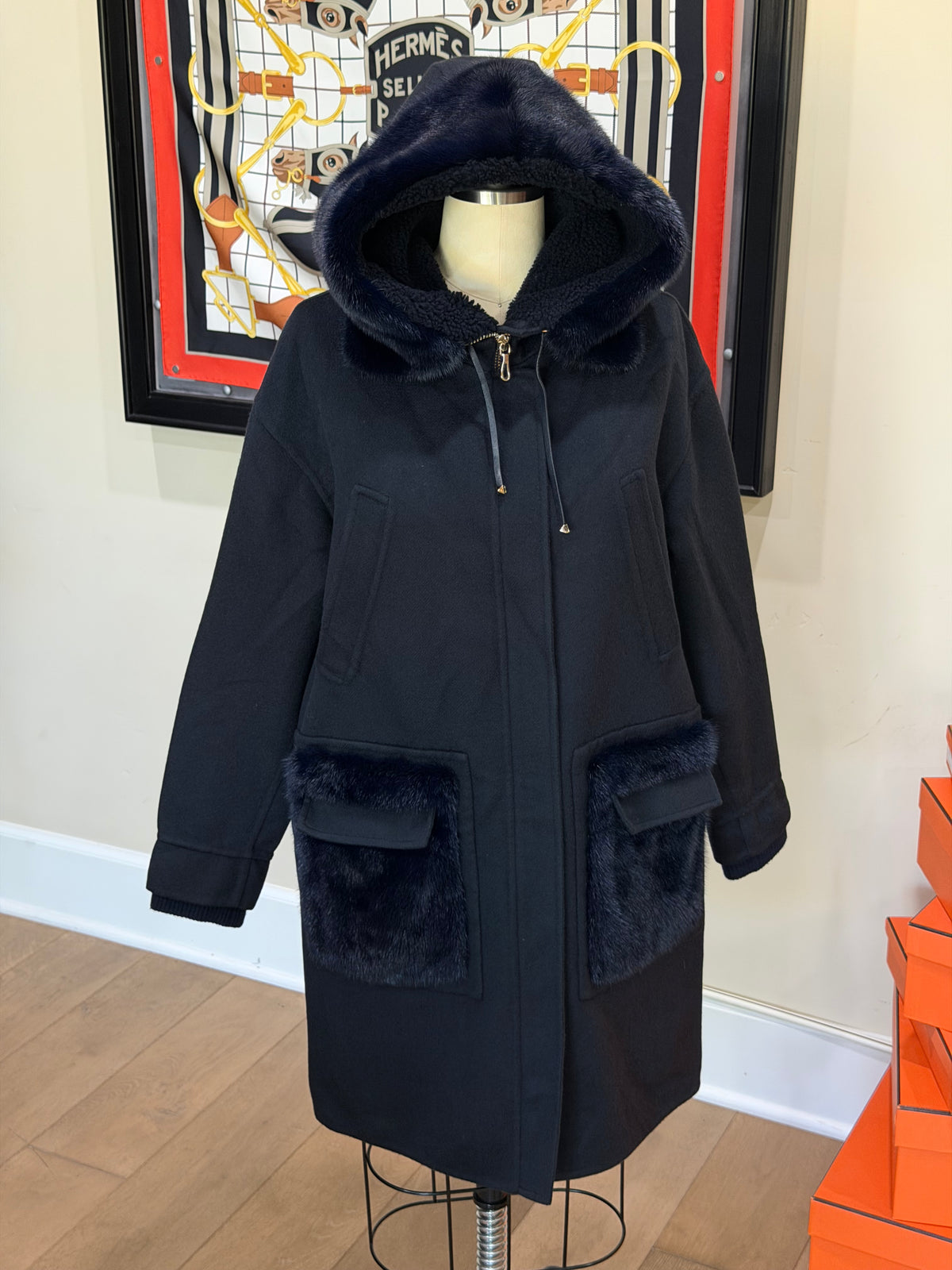 Valentino Midnight Blue Mink Pocket Hooded Coat