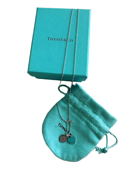 Tiffany & Co. Return to Double Heart Blue Enamel Necklace 16"