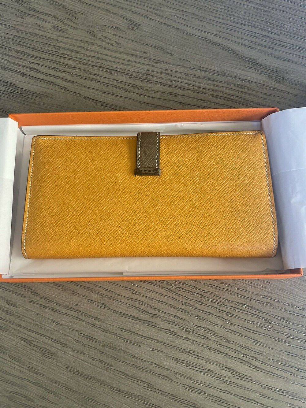 HERMES Bearn Bicolore Trifold Wallet Veau Epsom Yellow & Brown