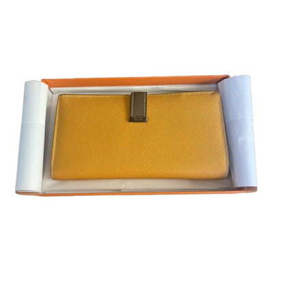 HERMES Bearn Bicolore Trifold Wallet Veau Epsom Yellow & Brown