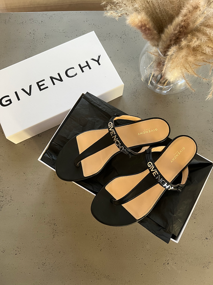 GIVENCHY LOGO- STRAP BLACK LEATHER SANDALS SLIDES