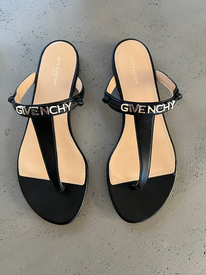 GIVENCHY LOGO- STRAP BLACK LEATHER SANDALS SLIDES