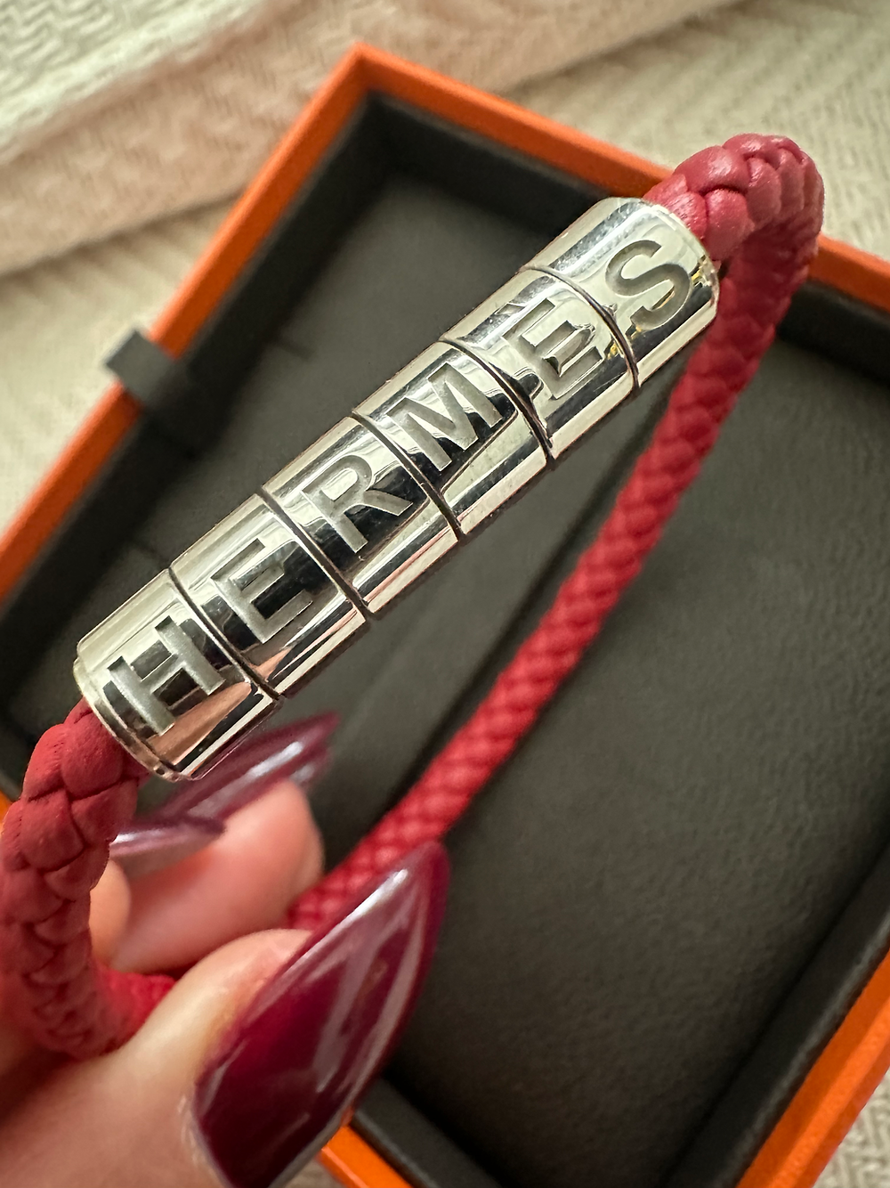 Hermes Red Leather Goliath Palladium Bracelet