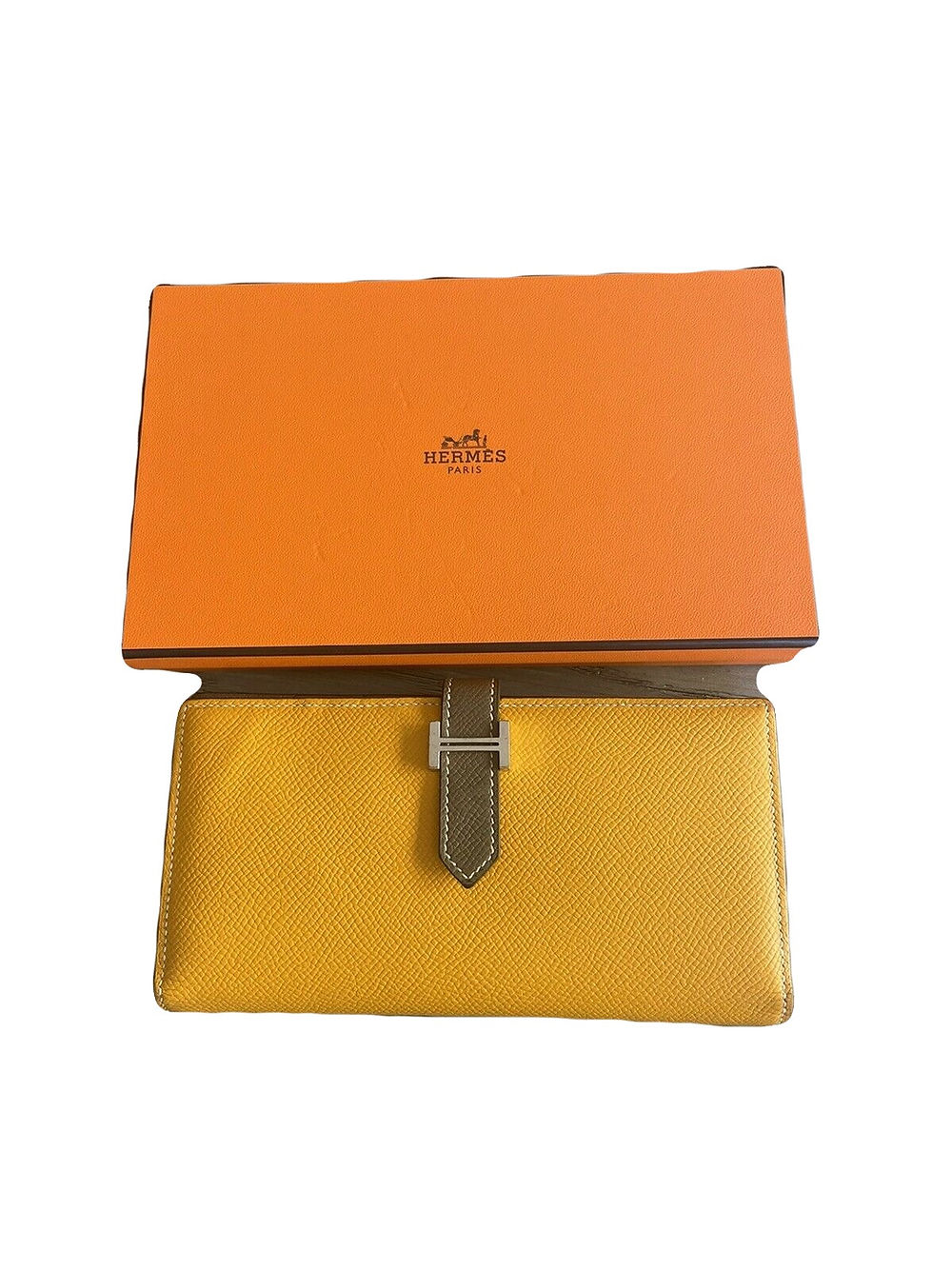 HERMES Bearn Bicolore Trifold Wallet Veau Epsom Yellow & Brown