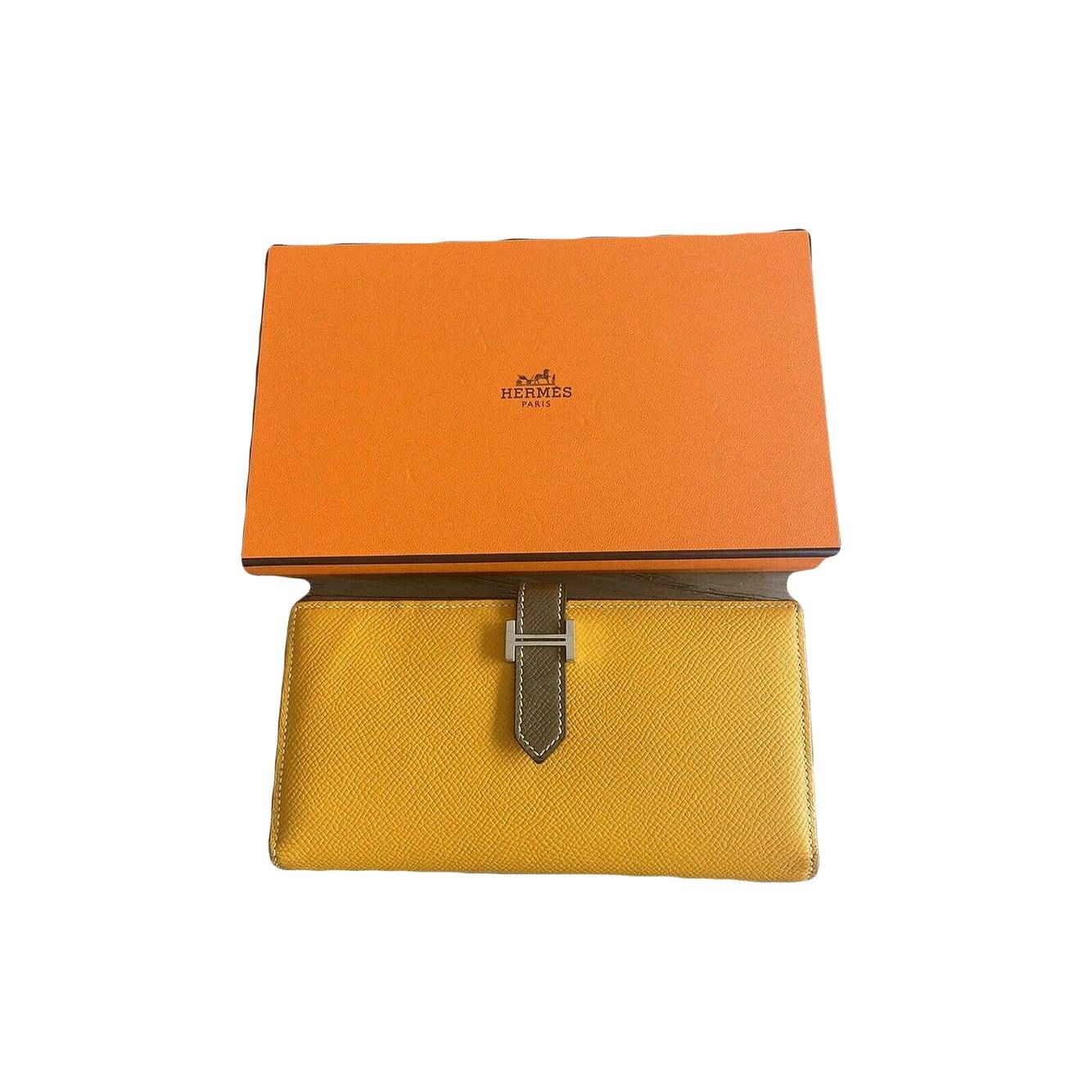 HERMES Bearn Bicolore Trifold Wallet Veau Epsom Yellow & Brown
