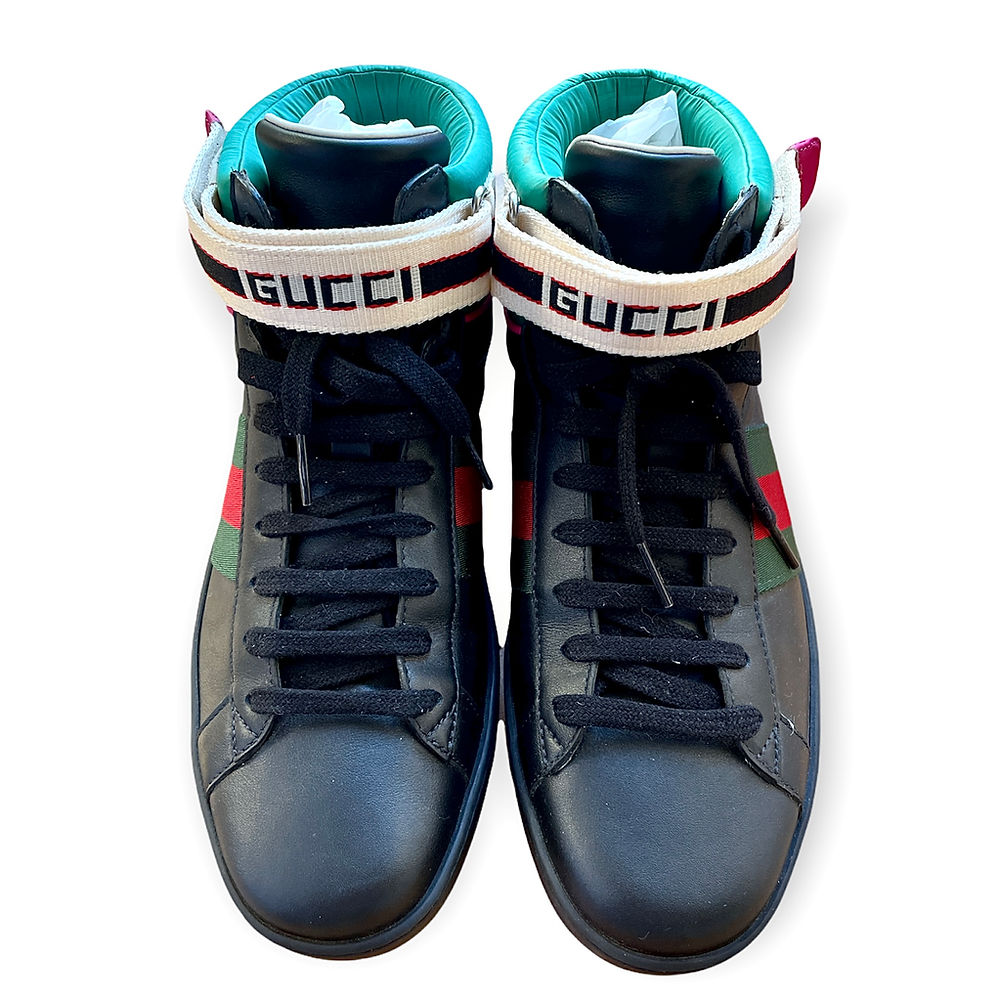 GUCCI Black Stripe Ace High Top Sneakers