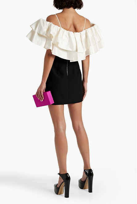 RASARIO Cold-shoulder ruffled taffeta and crepe mini dress