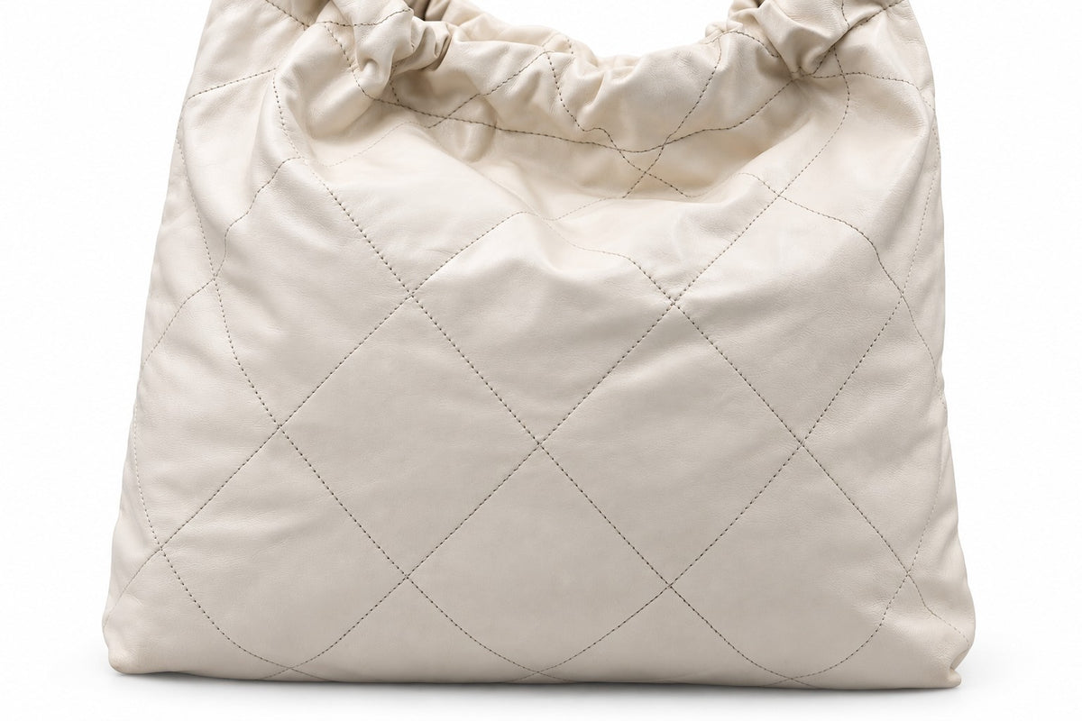 Chanel Quilted Fabric Logo Charm Chain Tote White SHW