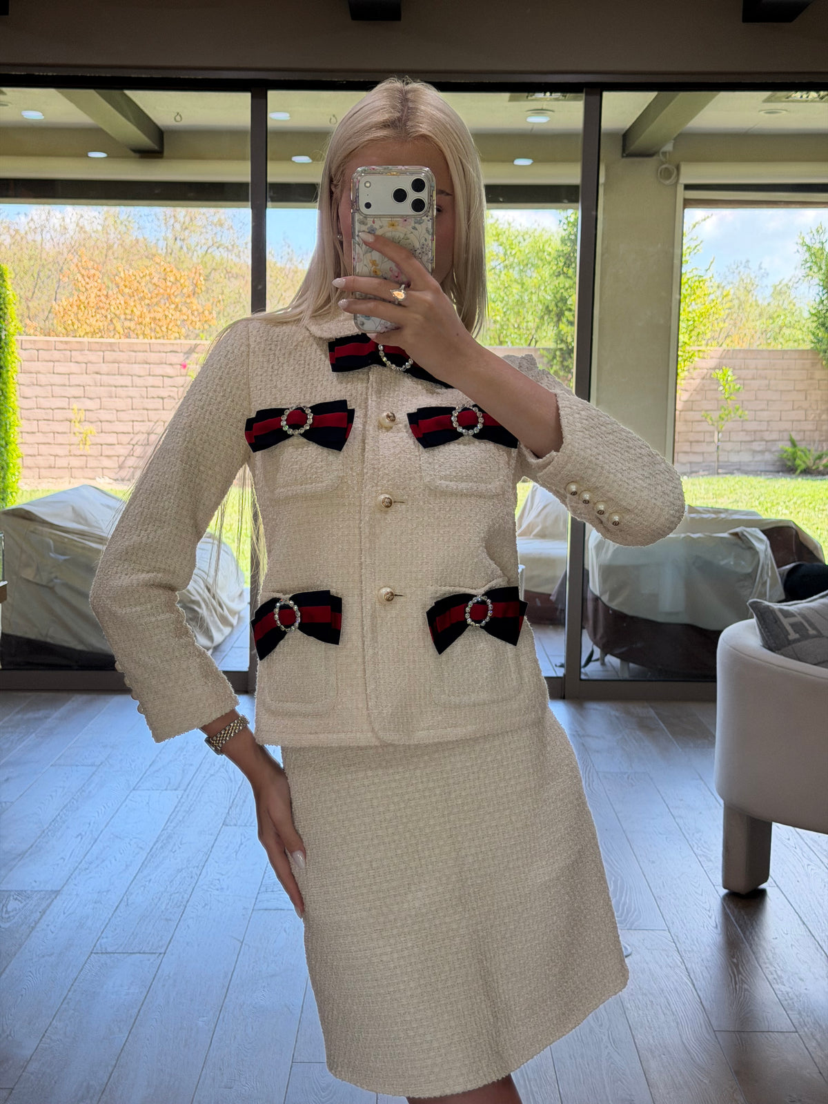 Gucci Ivory Bow Crystal Tweed Skirt Set