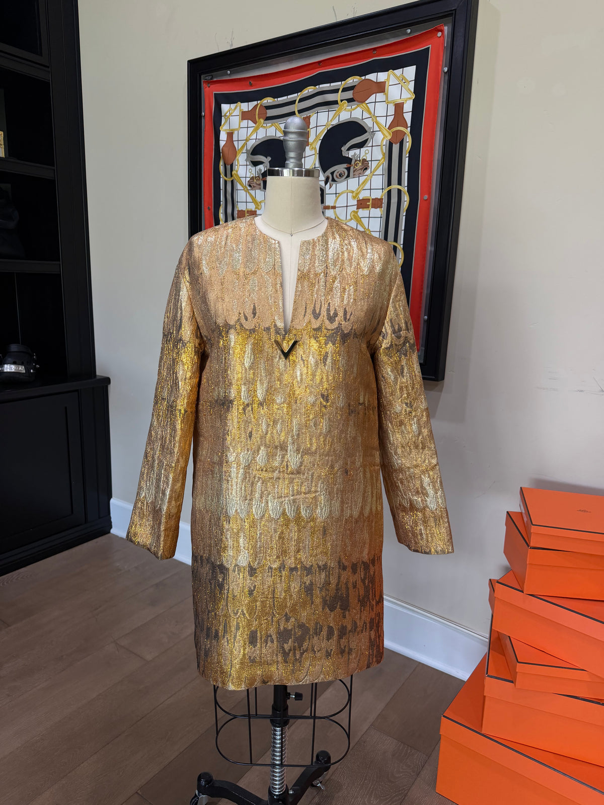 Valentino Gold Embroidered V Dress