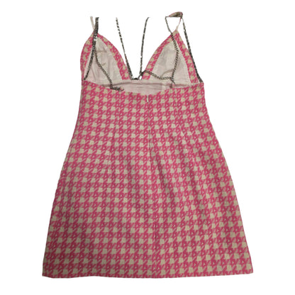 AREA Crystal Deco Bow Houndstooth Virgin Wool Blend Pink Mini Dress