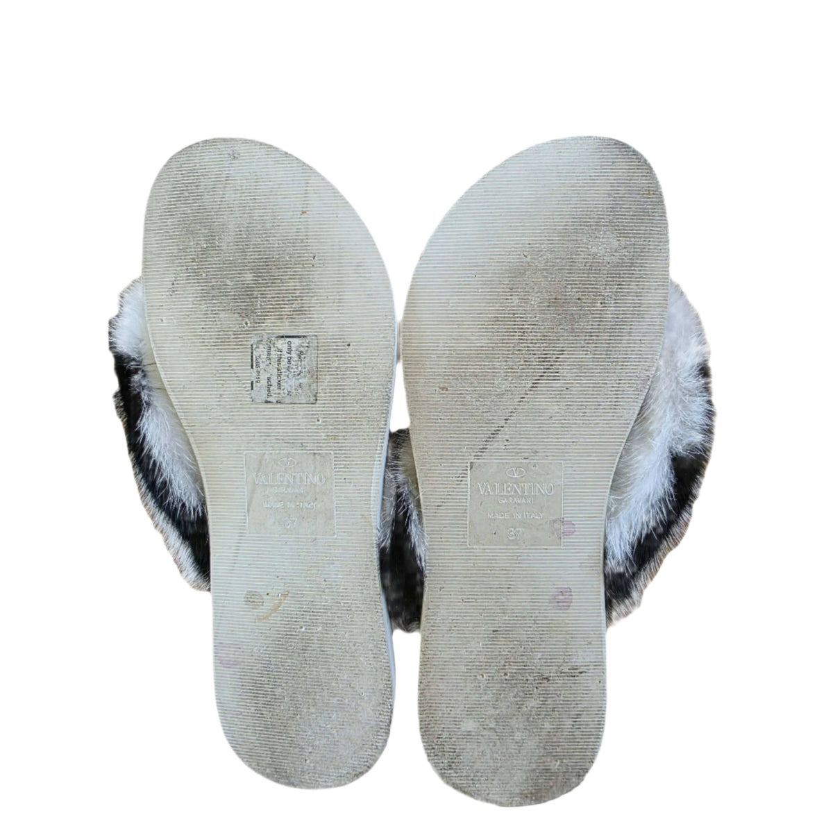 Valentino Garavani White and Brown Mink Flop Flops