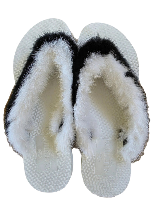 Valentino Garavani White and Brown Mink Flop Flops