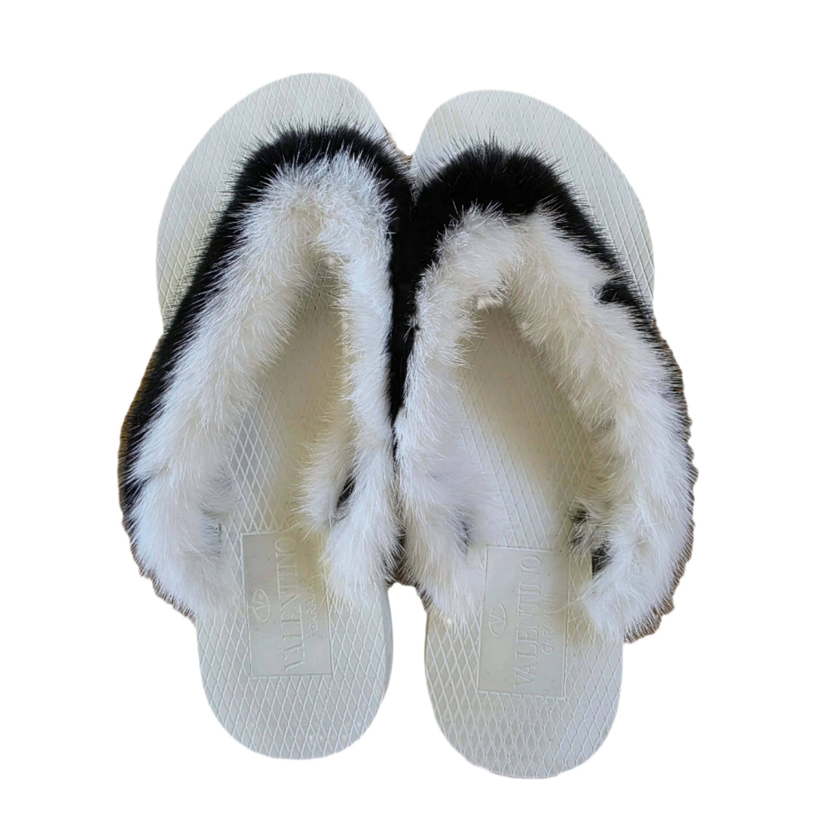 Valentino Garavani White and Brown Mink Flop Flops