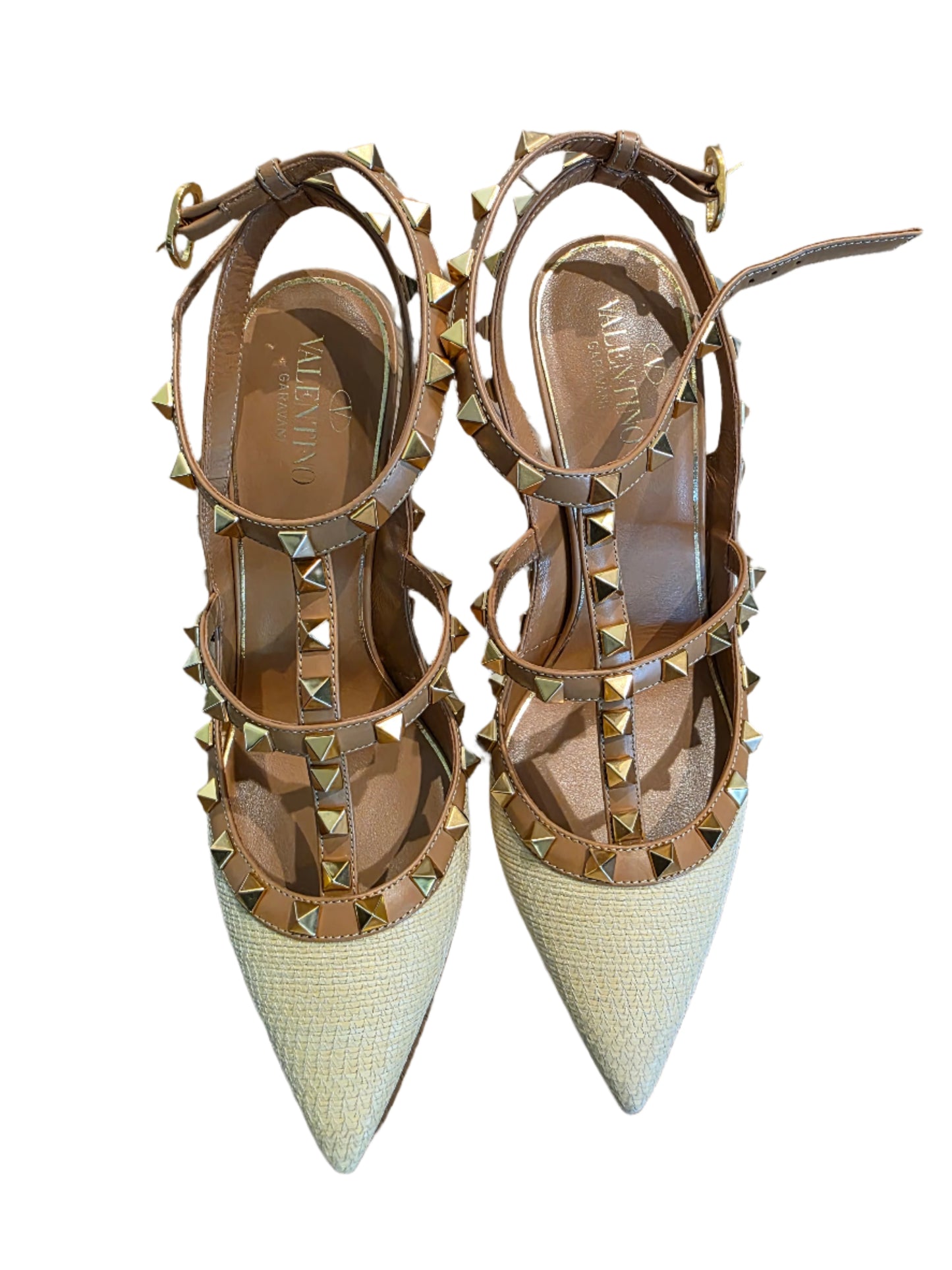 Valentino Garavani Rockstud Raffia T-Strap Pump Heels Natural Tan