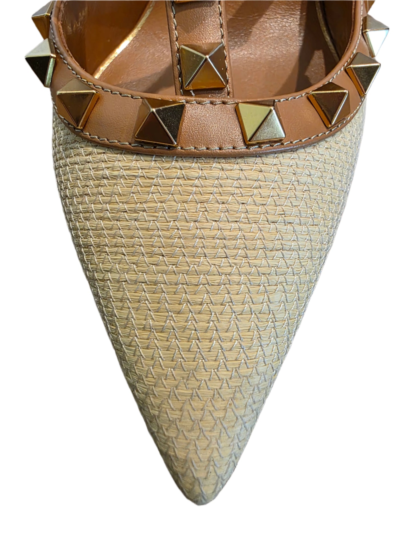 Valentino Garavani Rockstud Raffia T-Strap Pump Heels Natural Tan