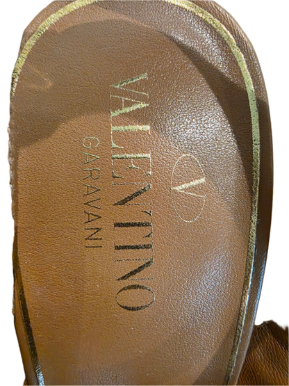 Valentino Garavani Rockstud Raffia T-Strap Pump Heels Natural Tan