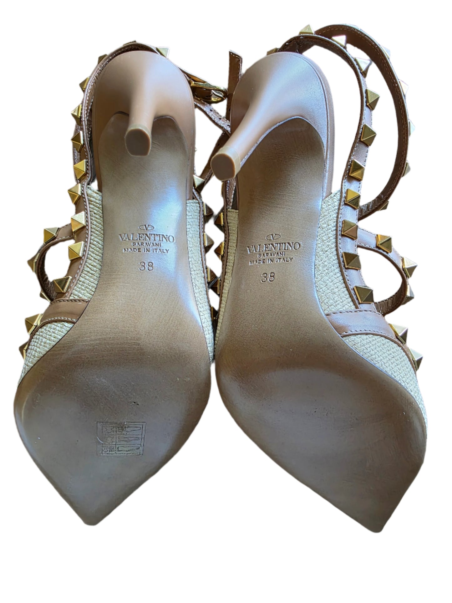 Valentino Garavani Rockstud Raffia T-Strap Pump Heels Natural Tan