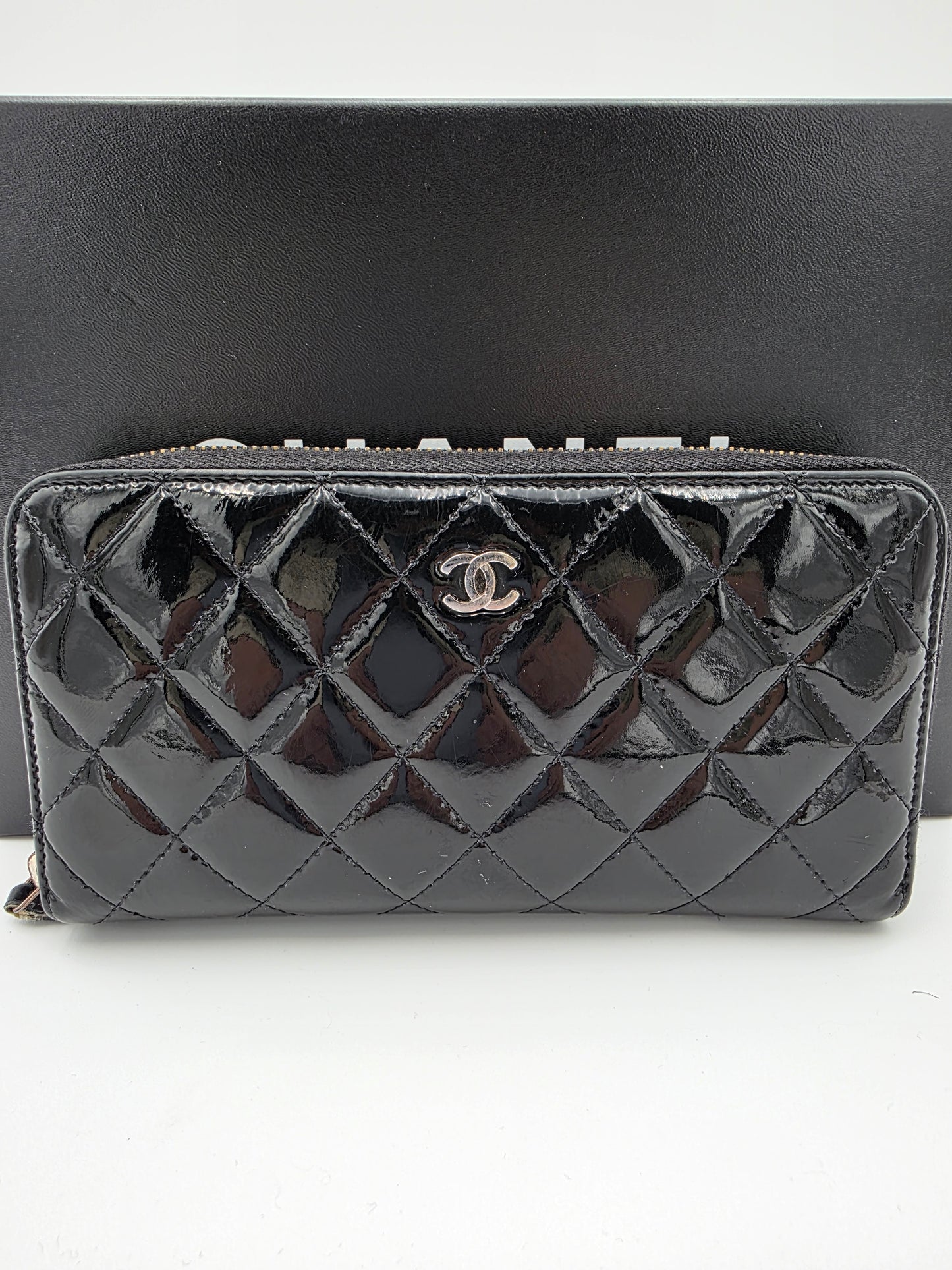 Chanel Patent Quilted Large Gusset Zip-Around Wallet in Black