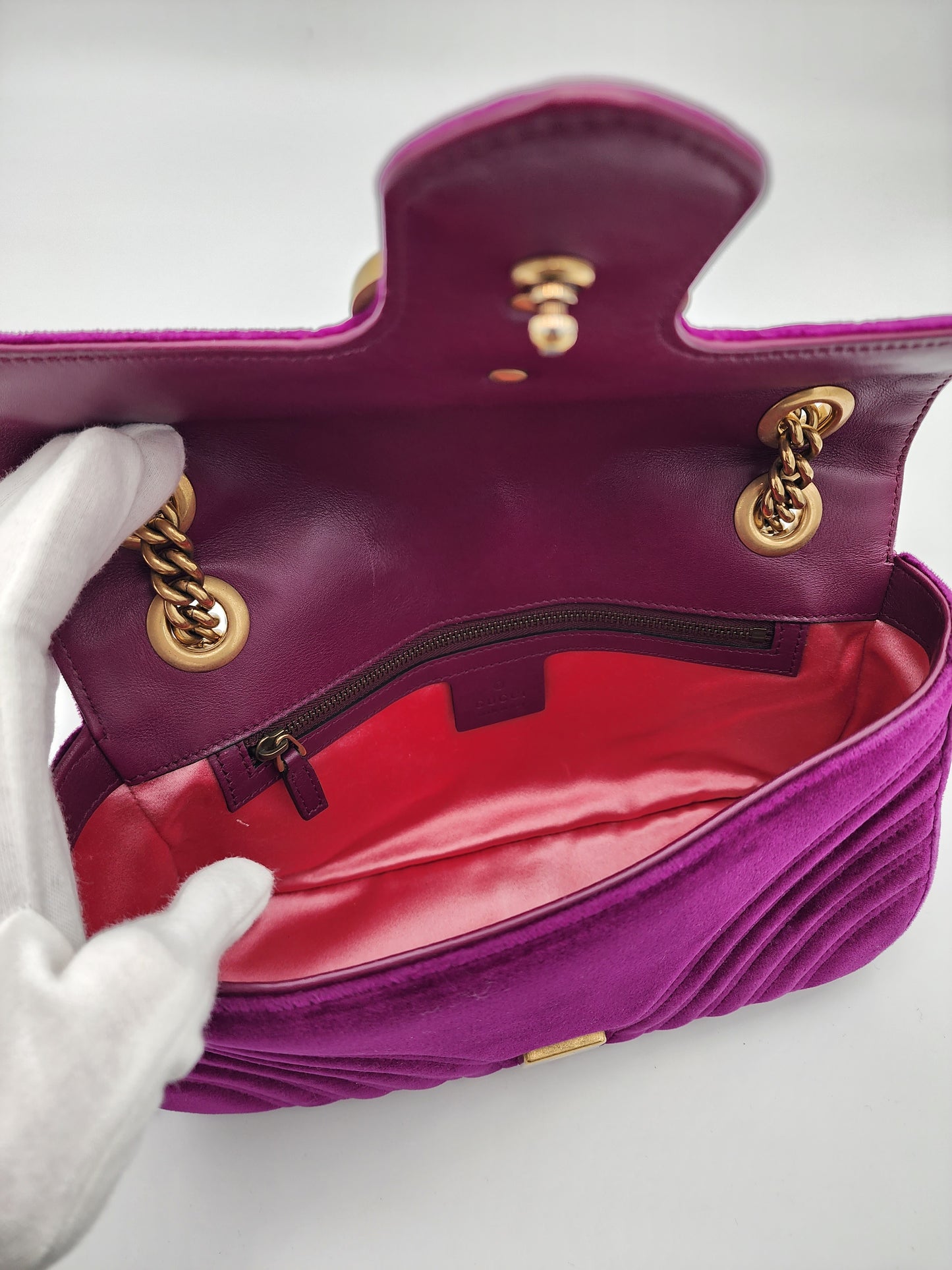 Gucci Velvet Matelassé Small GG Marmont Shoulder Bag Fuchsia Violet Cyclamen