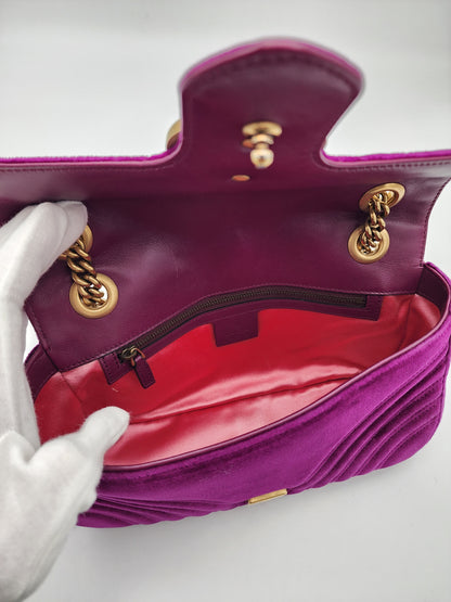 Gucci Velvet Matelassé Small GG Marmont Shoulder Bag Fuchsia Violet Cyclamen
