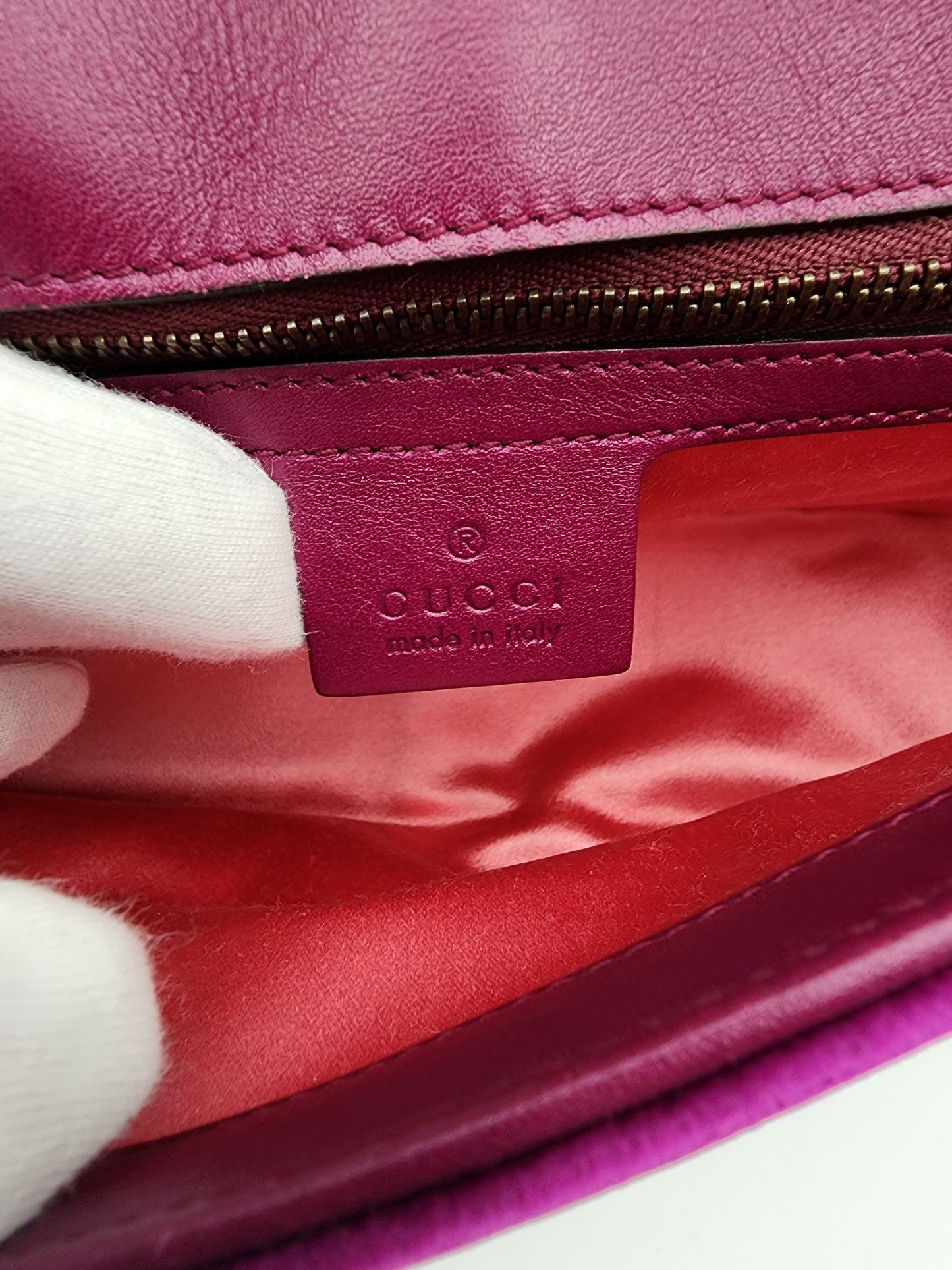 Gucci Velvet Matelassé Small GG Marmont Shoulder Bag Fuchsia Violet Cyclamen