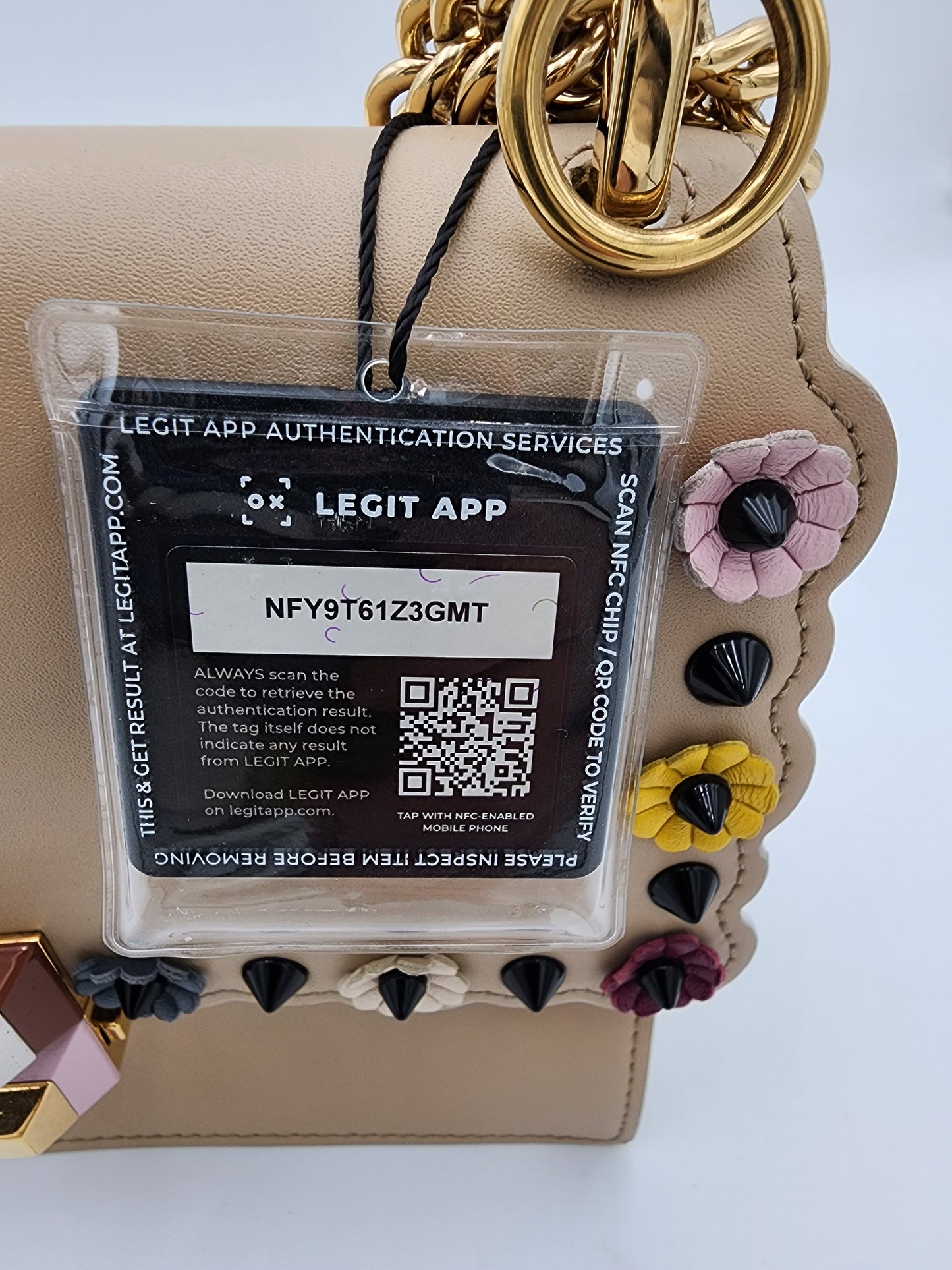 Fendi Scalloped Leather Mini Kan I Floral Studded Chain Shoulder Bag Beige