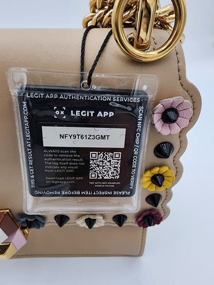 Fendi Scalloped Leather Mini Kan I Floral Studded Chain Shoulder Bag Beige