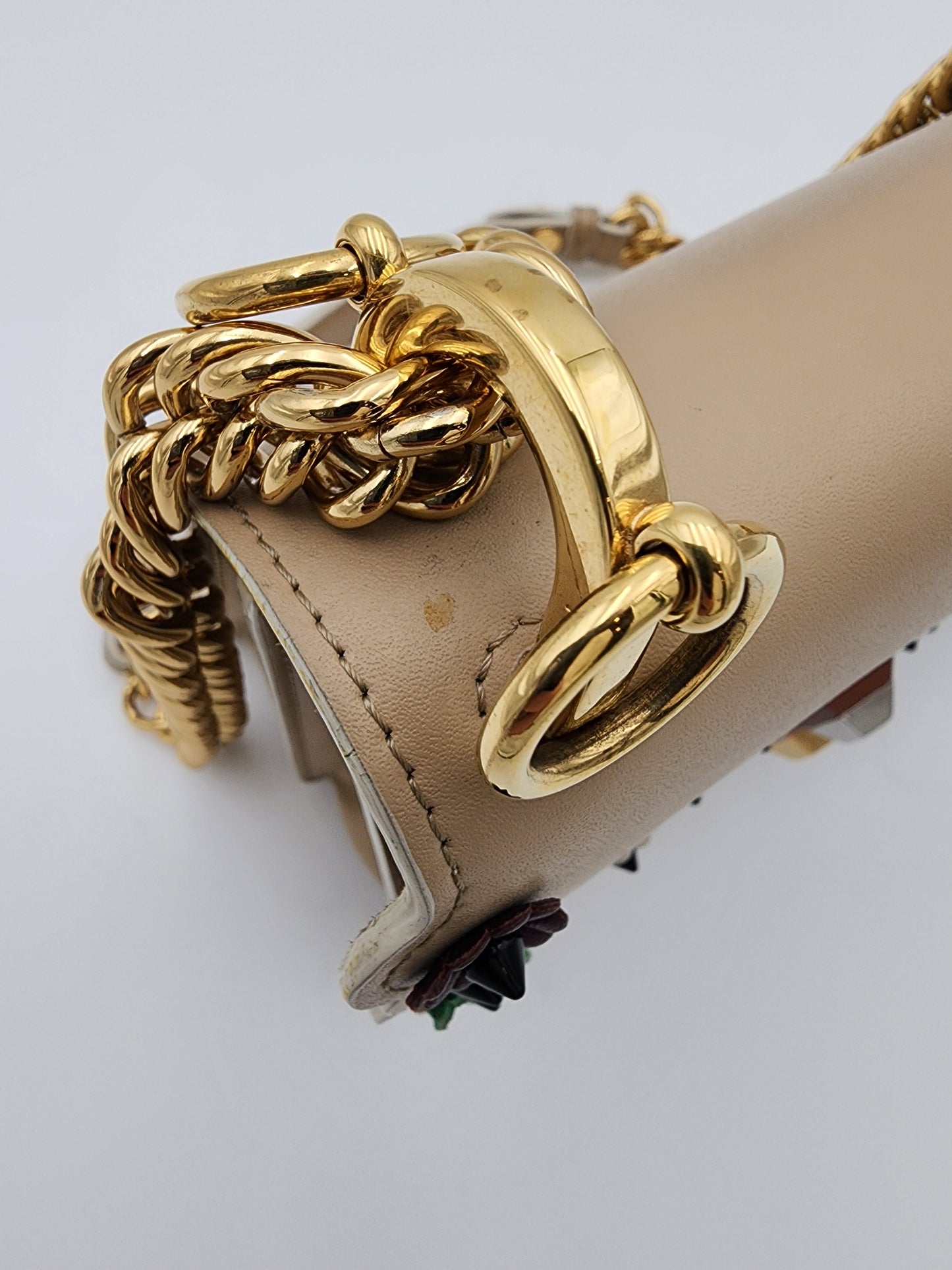 Fendi Scalloped Leather Mini Kan I Floral Studded Chain Shoulder Bag Beige