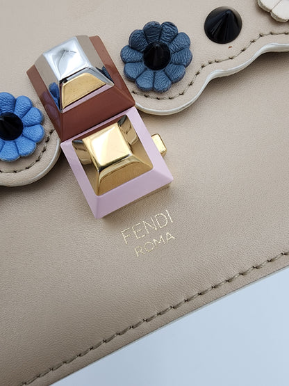 Fendi Scalloped Leather Mini Kan I Floral Studded Chain Shoulder Bag Beige