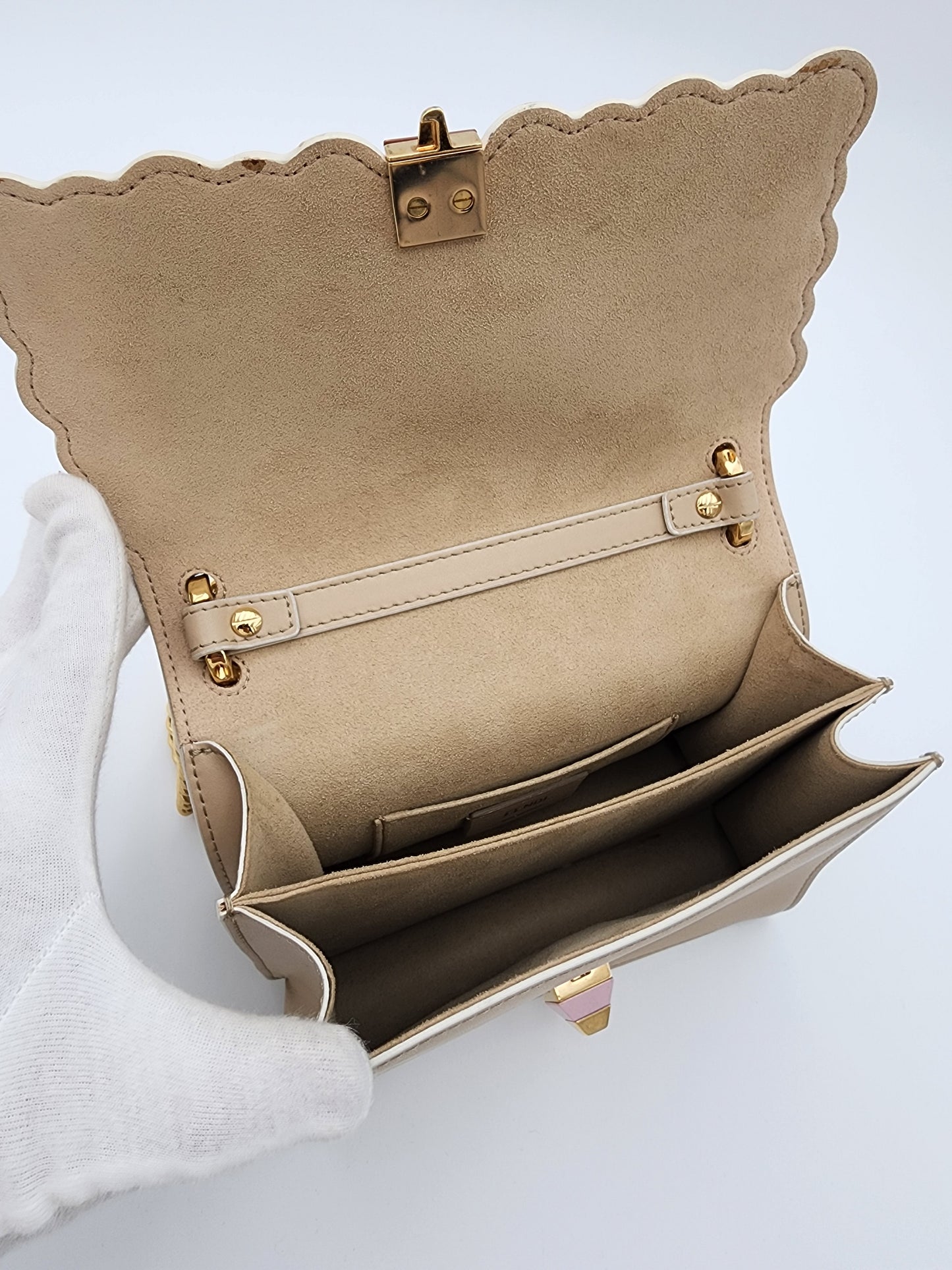 Fendi Scalloped Leather Mini Kan I Floral Studded Chain Shoulder Bag Beige