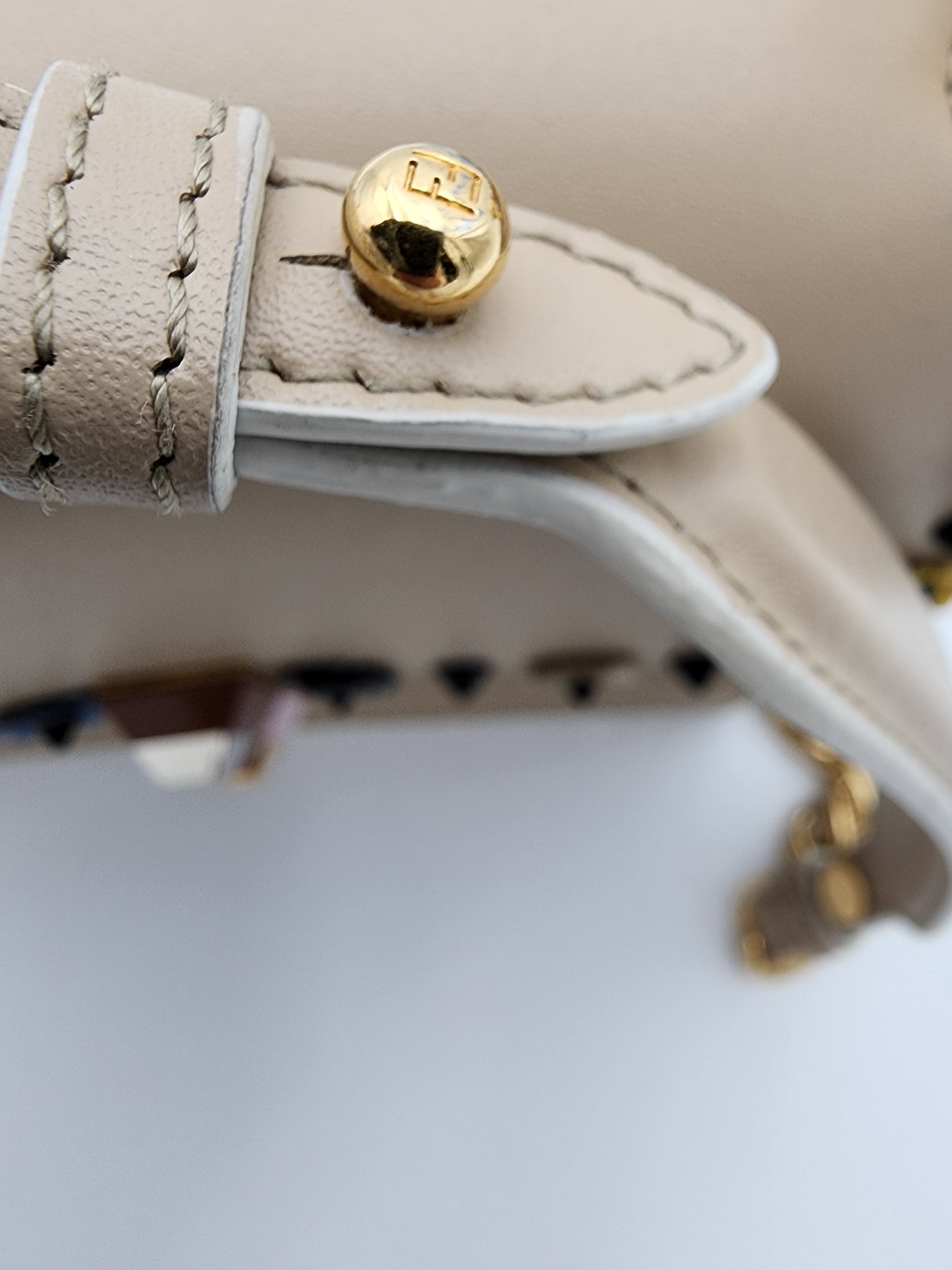 Fendi Scalloped Leather Mini Kan I Floral Studded Chain Shoulder Bag Beige