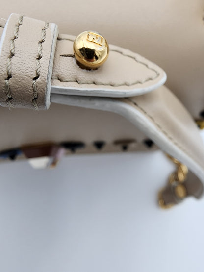 Fendi Scalloped Leather Mini Kan I Floral Studded Chain Shoulder Bag Beige