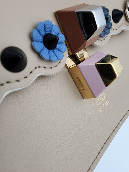 Fendi Scalloped Leather Mini Kan I Floral Studded Chain Shoulder Bag Beige
