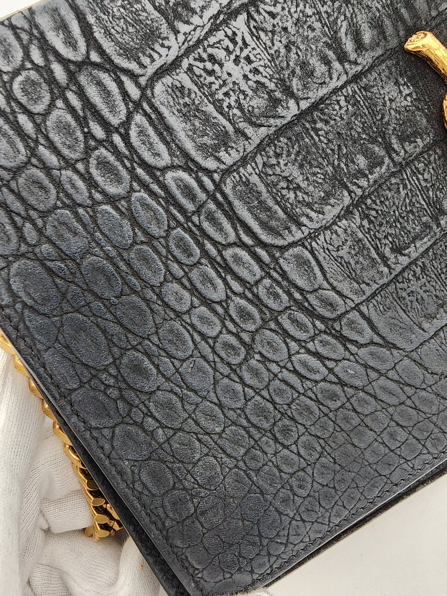 Saint Laurent Kate Medium Croc-Embossed Calfskin Black