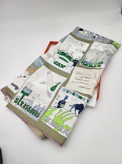 Hermès On Est Bien Ici ! Scarf 90 Kaki / Blanc / Bleu Glacier