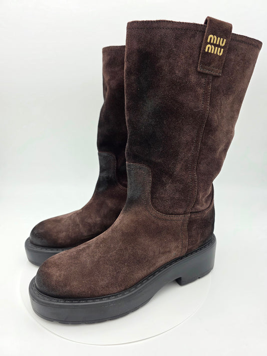 Miu Miu Suede Mid-Calf Moto Boots in Dark Brown