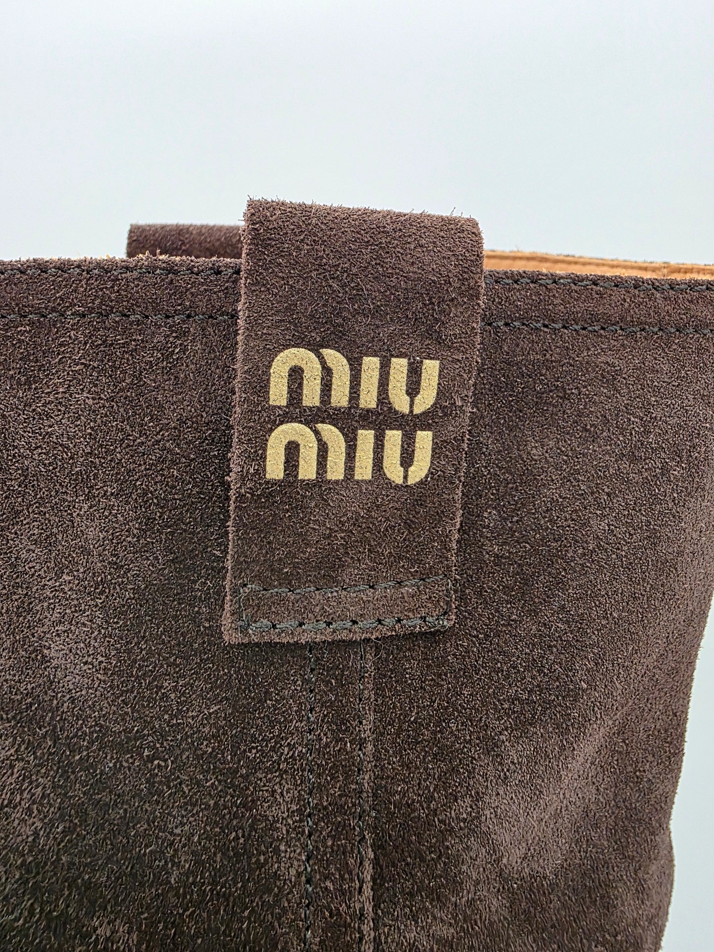 Miu Miu Suede Mid-Calf Moto Boots in Dark Brown