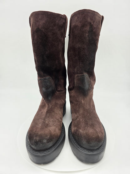 Miu Miu Suede Mid-Calf Moto Boots in Dark Brown